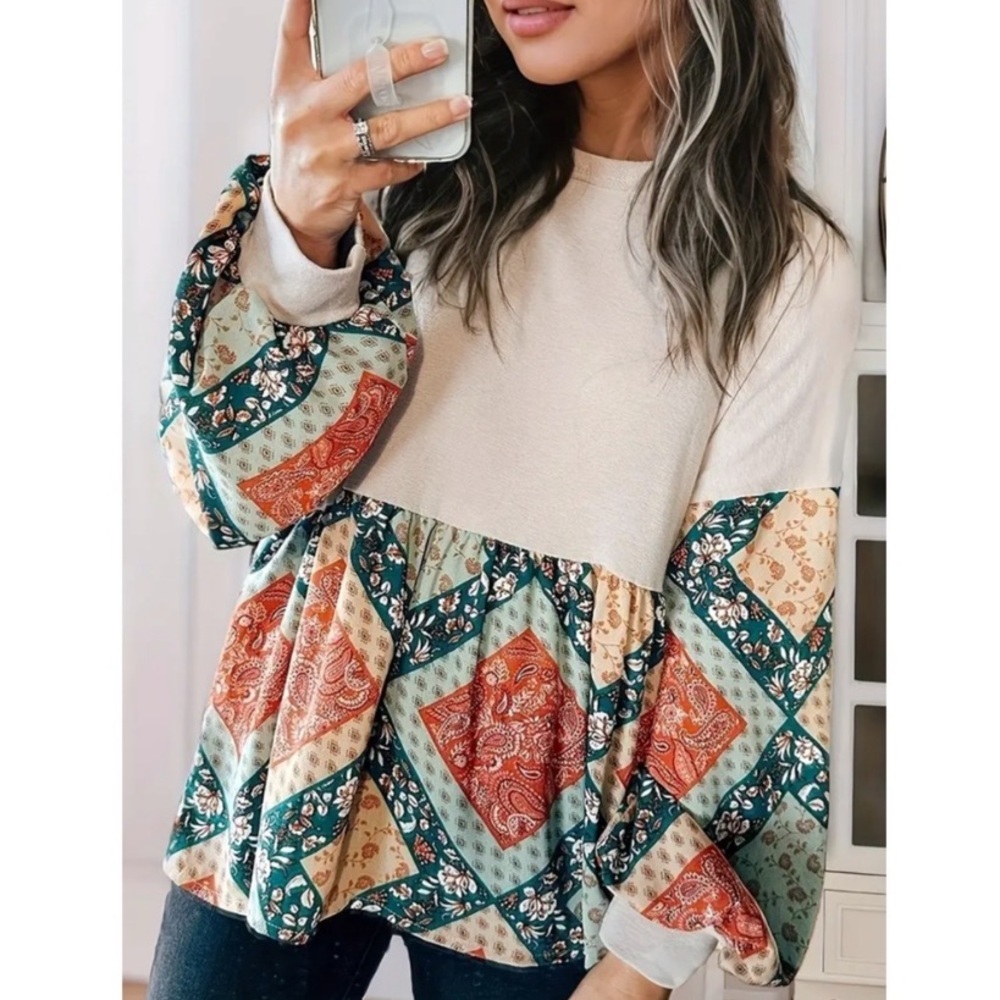 🆕 Boho Patchwork Babydoll Long Sleeve Top in Patterned Hem Cream Coral